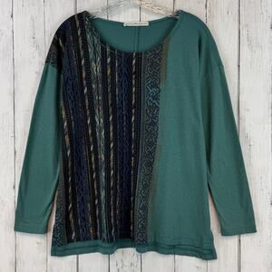Peruvian Connection Green Pima Cotton/Modal Aztec Long Sleeve Top Size Medium